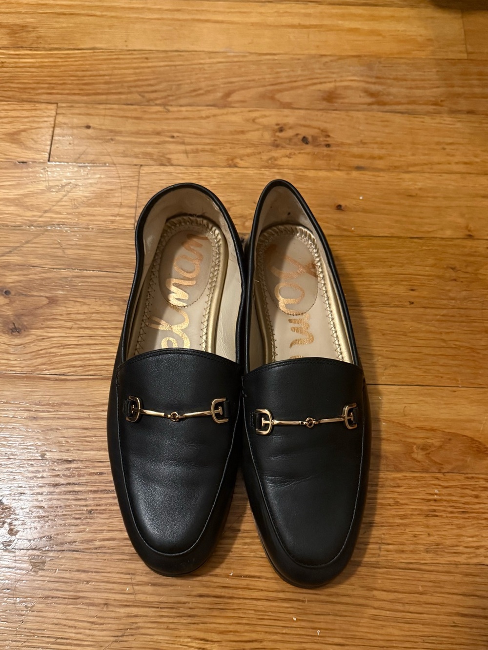 Sam Edelman Black Loraine Loafers with Gold Horsebit, size 5